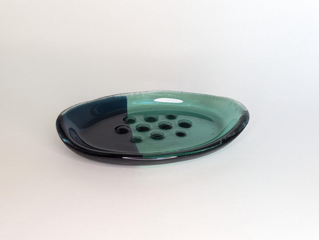 Handmade Fused Glass Soap Dish – Navy Teal Color Block Bathroom Decor