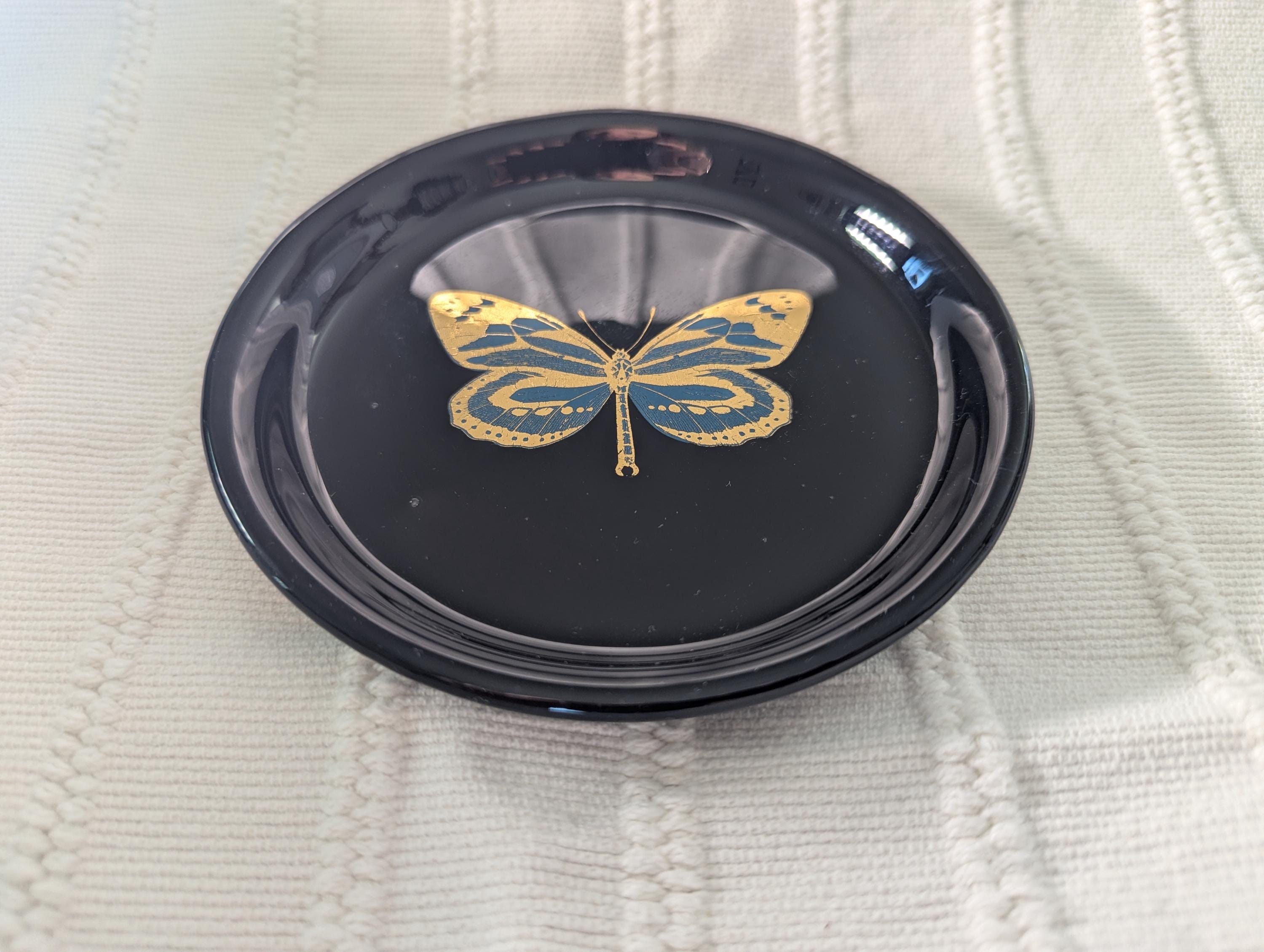 Gilded Butterfly Black Glass Trinket Dish