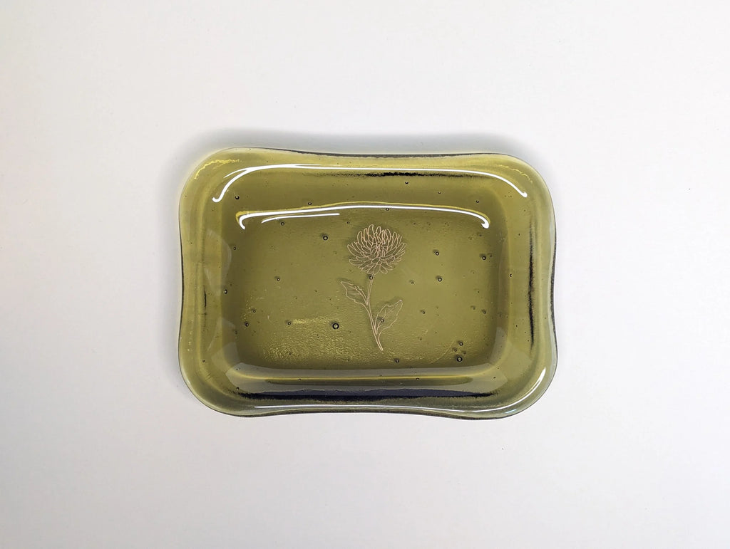 Light Olive Fused Glass Dish with Gold Flower