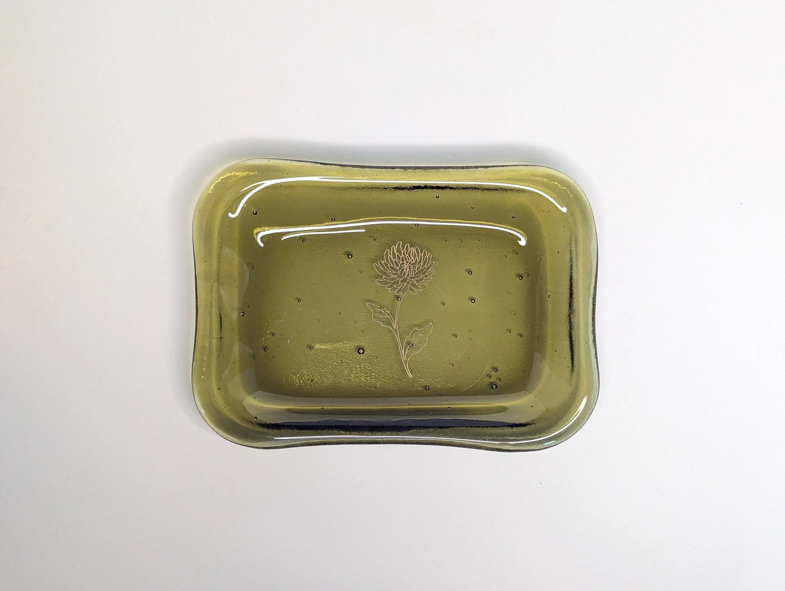 Light Olive Fused Glass Dish with Gold Flower