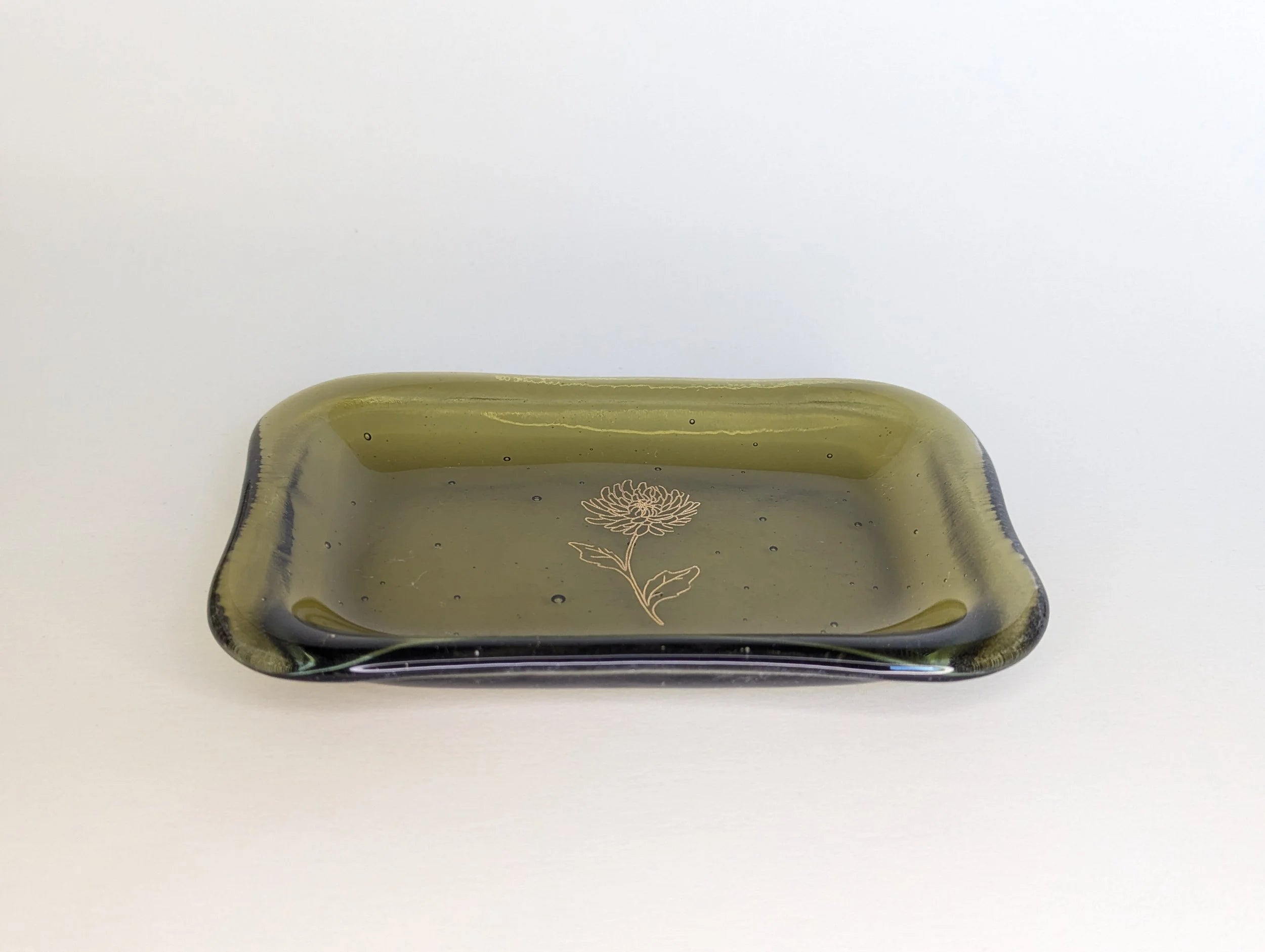 Light Olive Fused Glass Dish with Gold Flower
