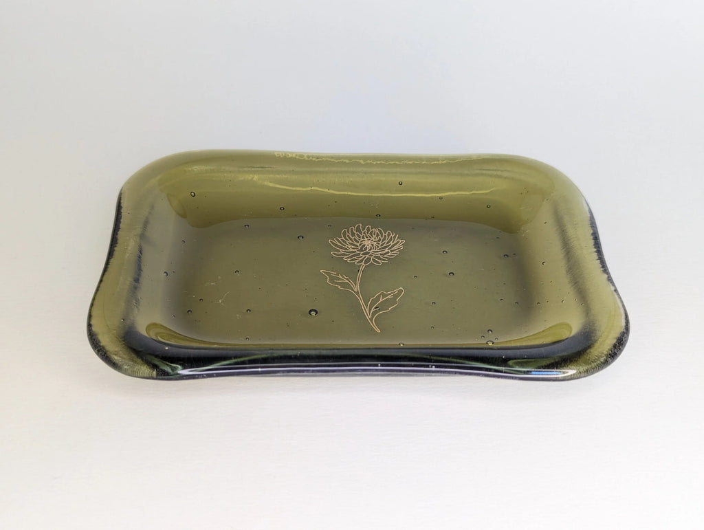 Light Olive Fused Glass Dish with Gold Flower
